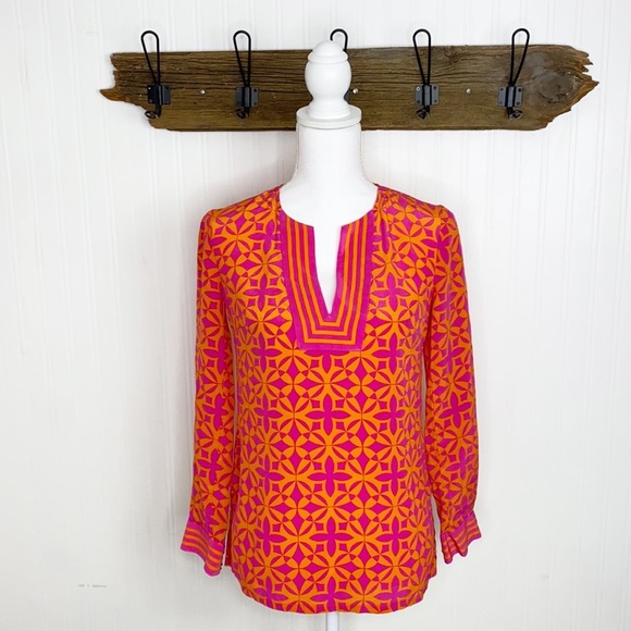 Trina Turk Silk Popover Top Pink and Orange Size Small - Picture 1 of 10